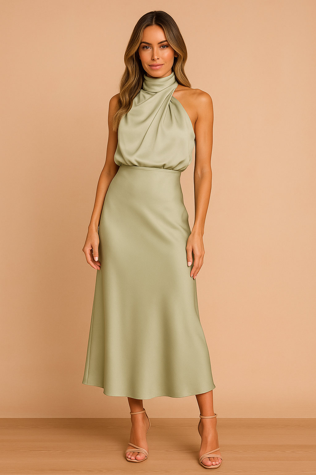 vintage inspired satin midi dress with draped collar Madelyn